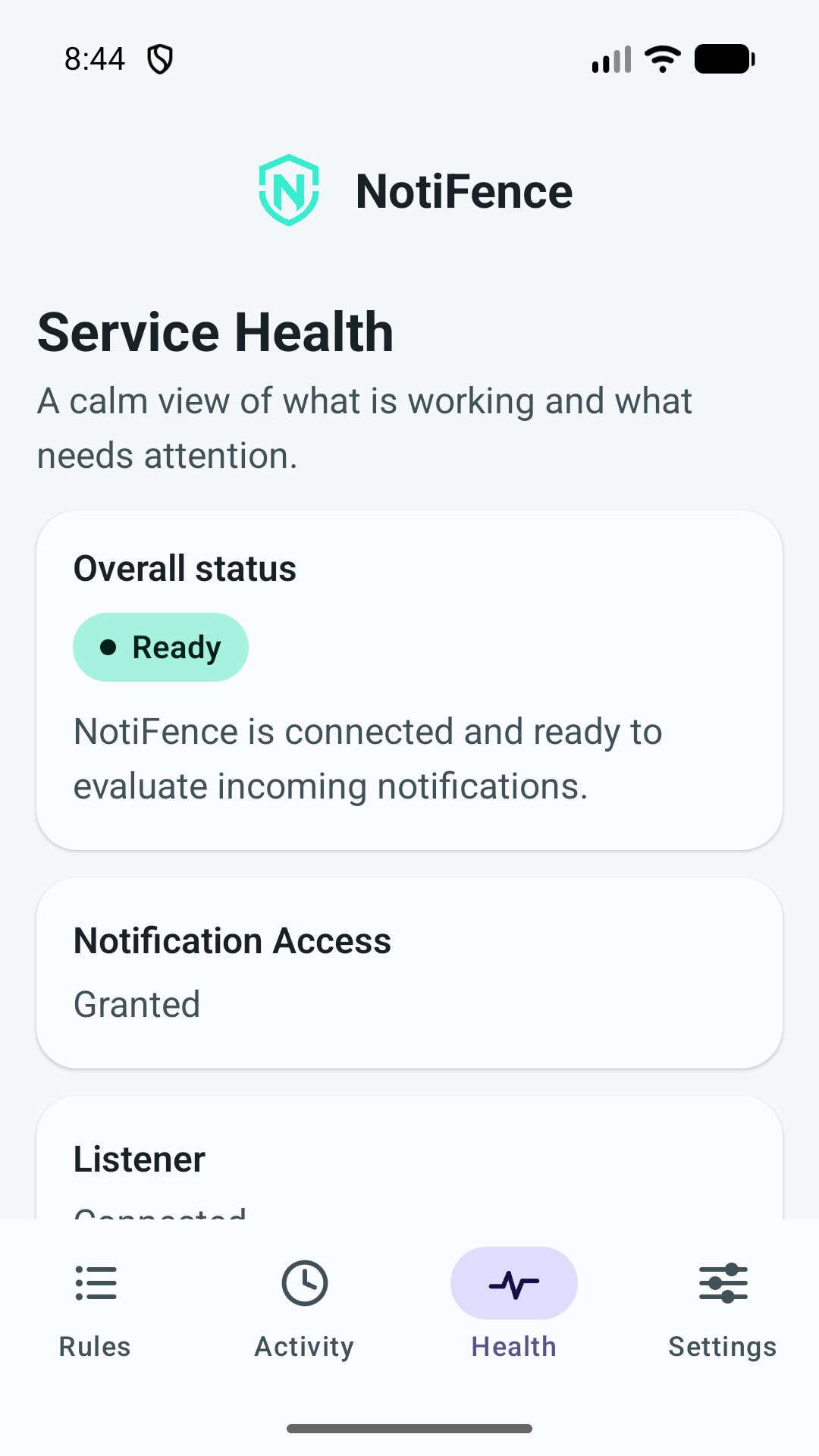 Notification service health status