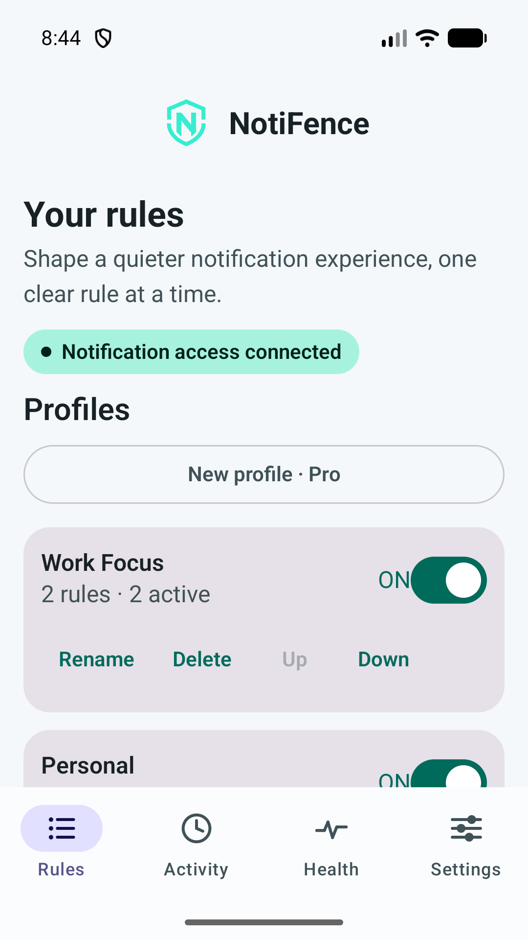 NotiFence rules and profiles screen