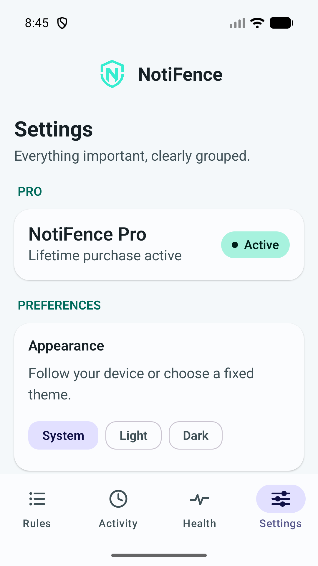 NotiFence settings and lifetime Pro status
